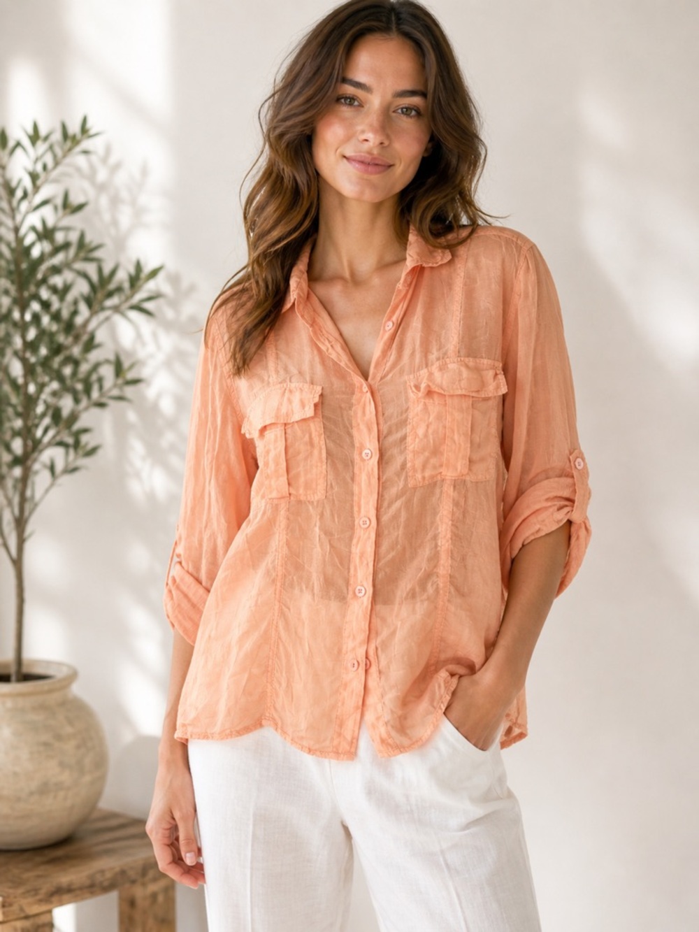 Johnny Was Sz Lg Lightweight Peach Blouse